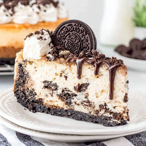 A slice of Oreo cheesecake with chocolate drizzle.