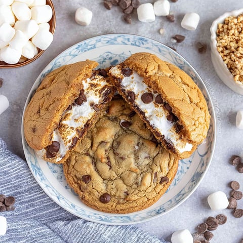 A plate with two s'mores stuffed cookies.