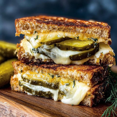 A grilled cheese sandwich with pickles on top.