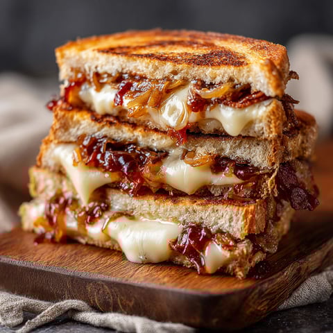 A stack of grilled cheese sandwiches with turkey bacon and caramelized onions.