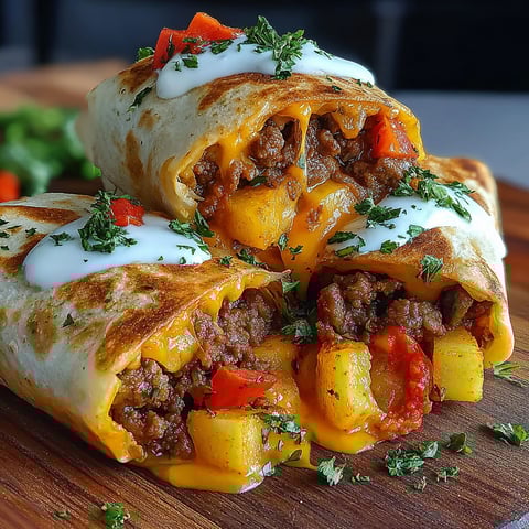 Two cheesy potato burritos on a wooden table.