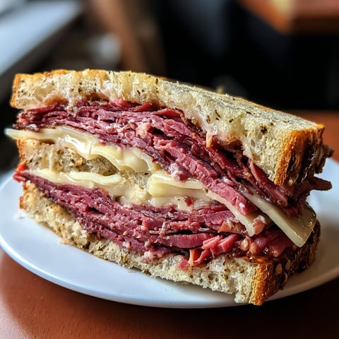 A creamy pastrami sandwich on a plate.