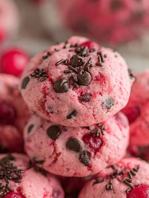 A stack of red cherry chocolate chip cookies.