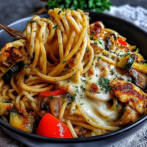 A bowl of spaghetti with chicken, mushrooms, and peppers.