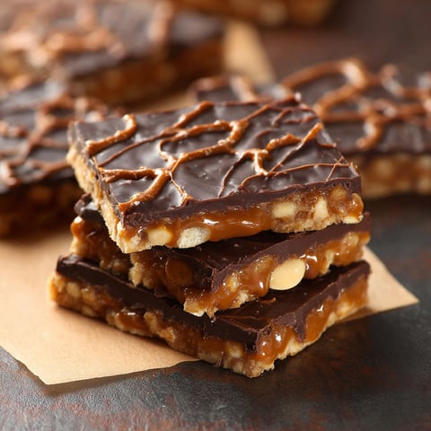 A close up of a chocolate caramel pretzel bar.