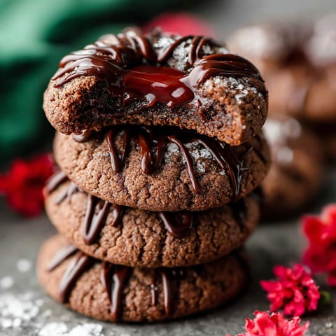 A stack of chocolate thumbprint cookies.