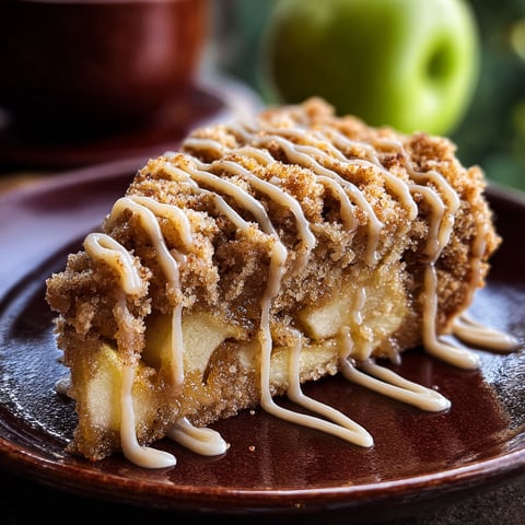 A slice of apple pie with caramel drizzled on top.
