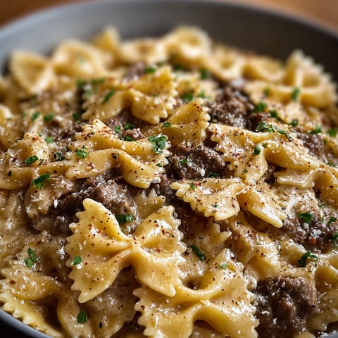 A bowl of creamy Parmesan garlic beef bowtie pasta.