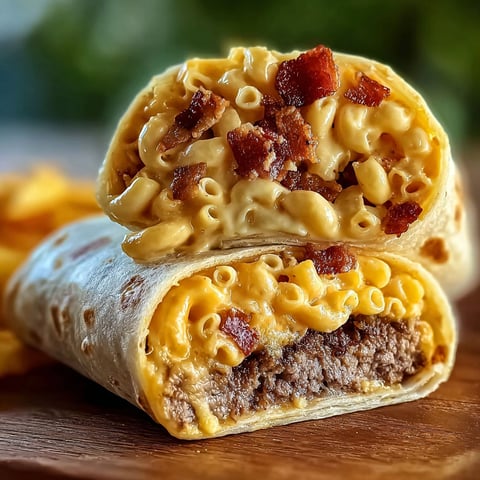 A burger wrap with mac and cheese.