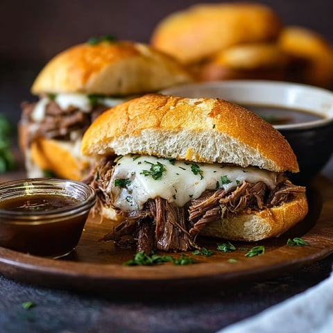Two crock pot french dip sandwiches with cheese and sauce.