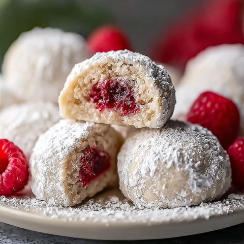 A plate of raspberry almond snowball cookies.