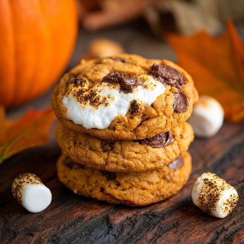Pumpkin S'mores Cookies stacked on a table.