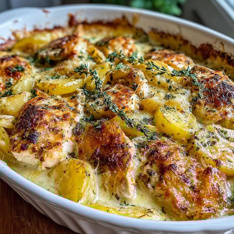 A delicious cheesy chicken and potato bake.