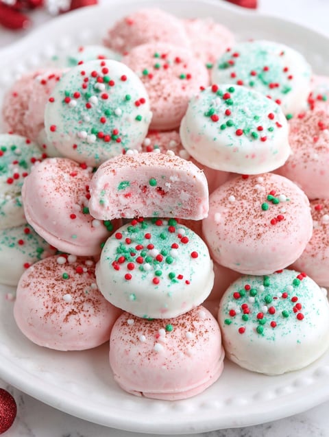 A plate of Christmas cream cheese mints.