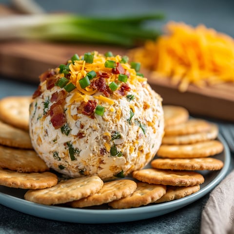 A plate of crackers and a cheeseball.