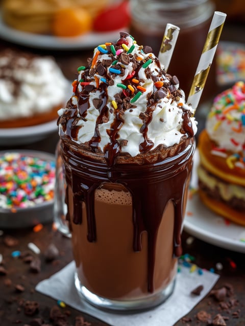 A chocolate drink with whipped cream and chocolate drizzle.