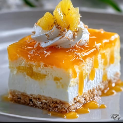 A slice of no-bake orange pineapple cheesecake with a dollop of whipped cream on top.