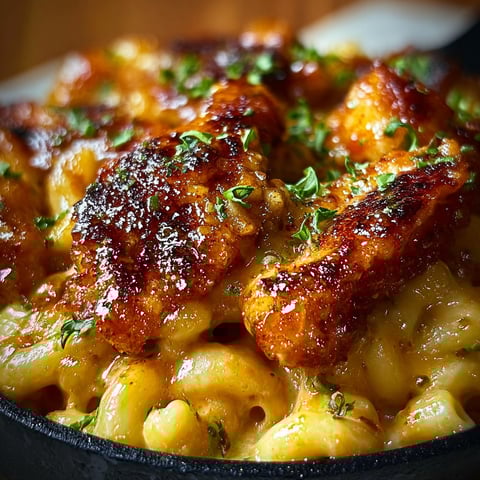 A close up of a delicious hot honey chicken mac n cheese.