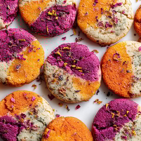 A close up of a cookie with a purple and orange swirl.