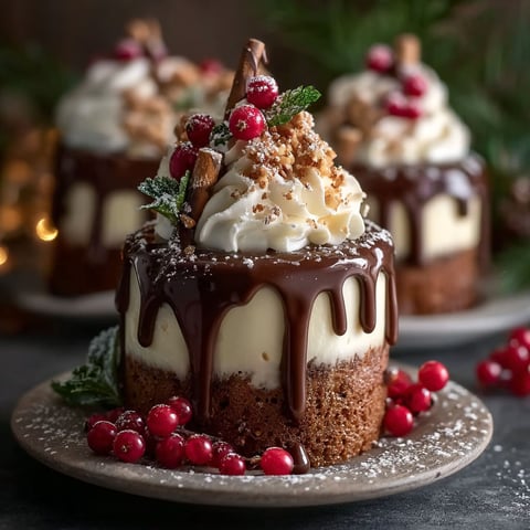 A chocolate cake with white frosting and red berries.