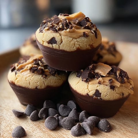 Three chocolate chip cookie dough cups stacked on a table.