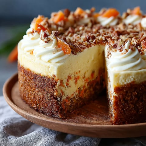 A slice of carrot cake cheesecake on a wooden platter.