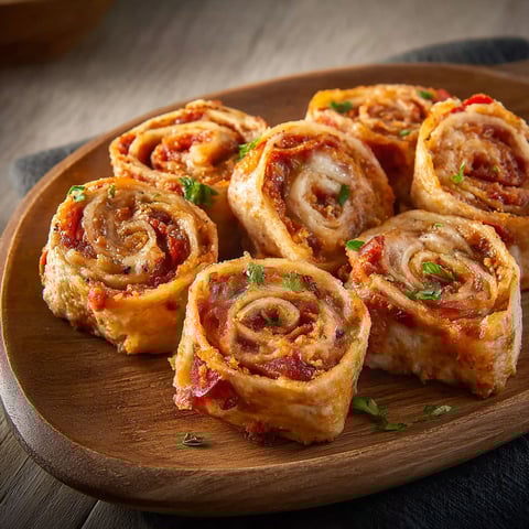 A plate of tortilla pizza rolls.