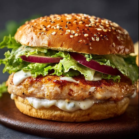 A chicken Caesar burger with lettuce, tomato, and onion.