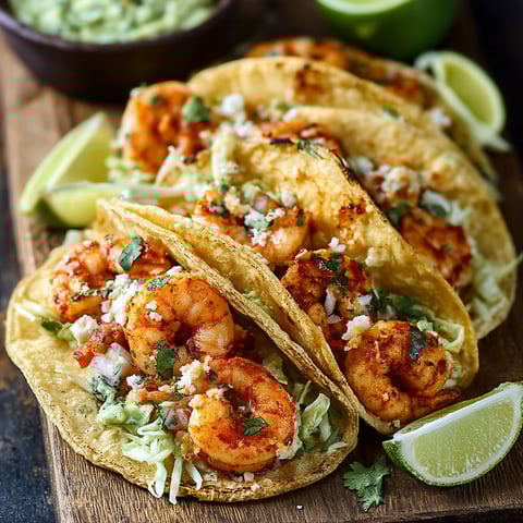 Shrimp tacos on a wooden table.