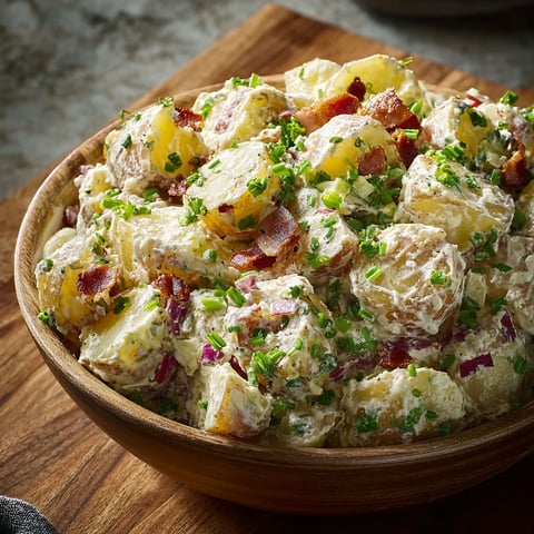 A bowl of potato salad with bacon and green onions.