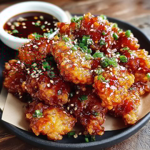 A plate of sweet and spicy Korean fried chicken.