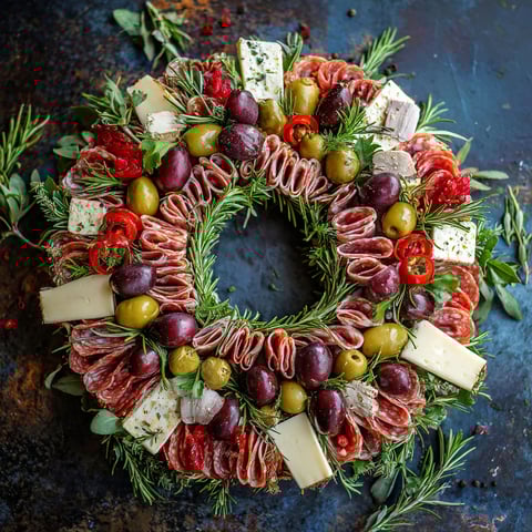 A charcuterie wreath with olives, cheese, and meat.