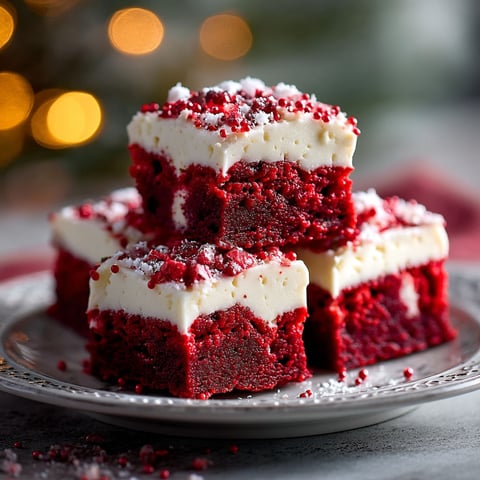 Red velvet cake with white frosting and red sprinkles.