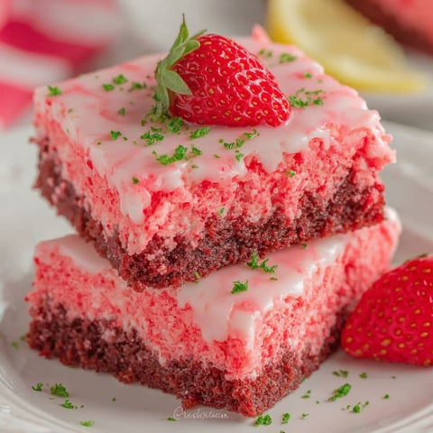A slice of pink and red cake with strawberries on top.