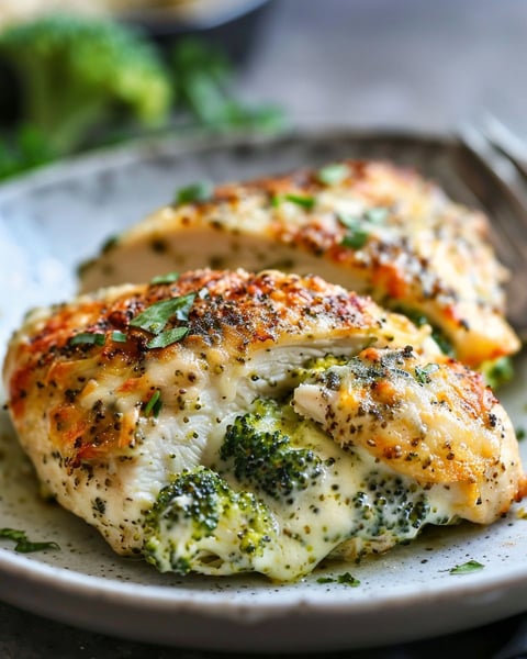 A plate of chicken with broccoli and cheese.