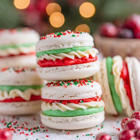 A stack of colorful macarons with a Christmas tree on top.