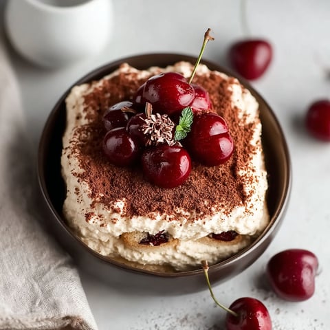 A bowl of cherry amaretto tiramisu.