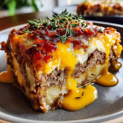 A loaded potato and meatloaf casserole on a plate.