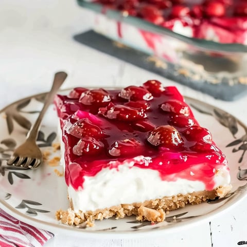 A slice of cherry cheesecake on a plate.