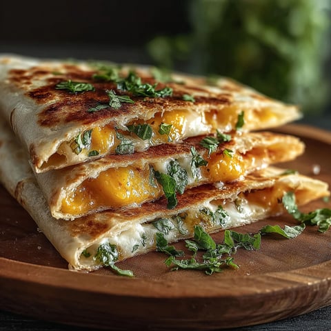 A stack of peach quesadillas on a wooden cutting board.
