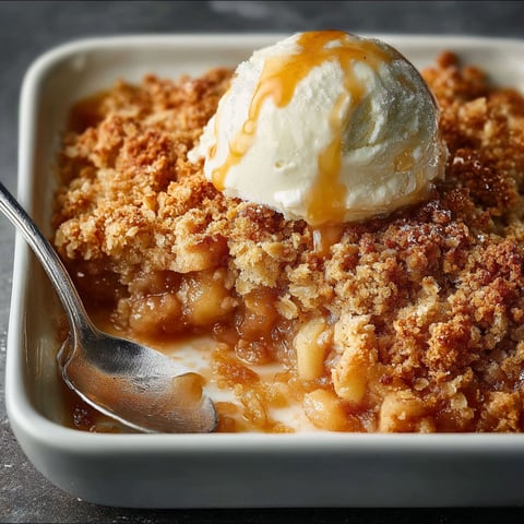 A bowl of apple crisp with a scoop of ice cream on top.