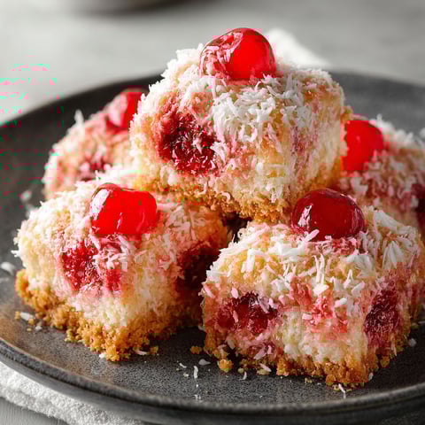 A plate of cherry coconut treats.