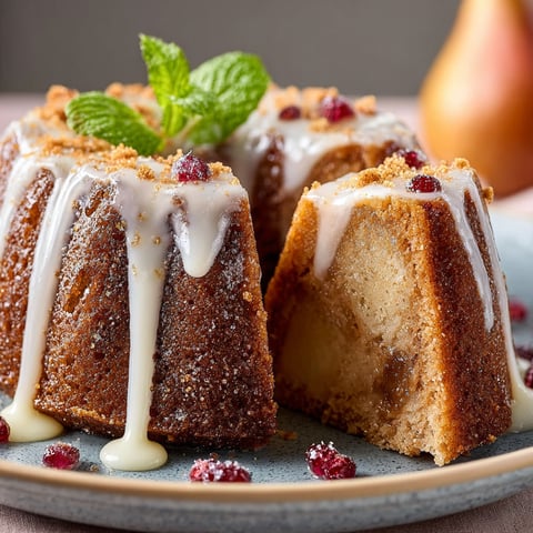 A slice of pear cake with white icing.