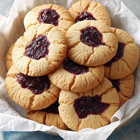 A stack of cookies with blackberry jam in the middle.