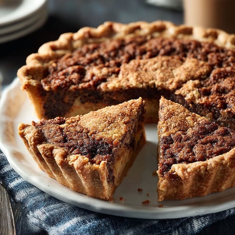 A slice of Shoo Fly Pie on a plate.
