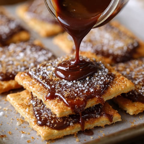 A churro saltine toffee with chocolate drizzled on top.