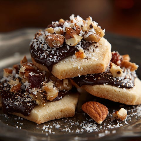 A plate of chocolate dipped pecan shortbread cookies.