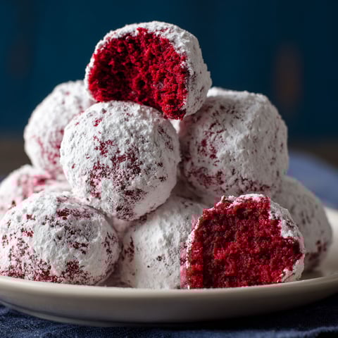 A plate of red velvet snowballs.