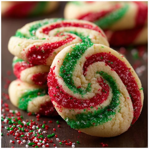 A stack of Christmas pinwheel cookies.