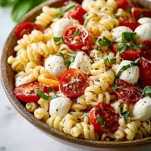A bowl of pasta with tomatoes and cheese.